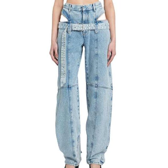 Hip Cutout Belted Light Wash Straight Leg Jeans Pants - Picture 1 of 7